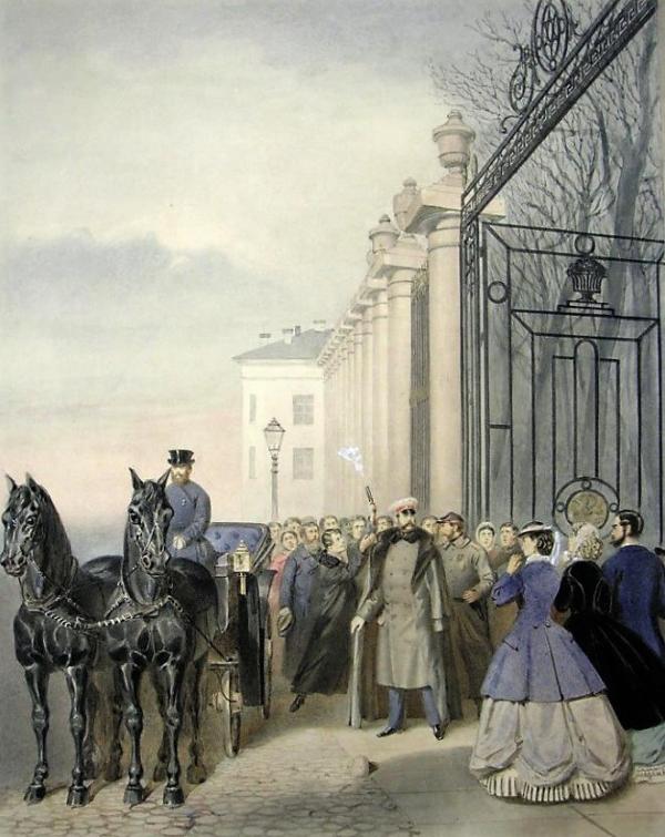 Покушение Д.В. Каракозова на Александра II 4 апреля 1866 у Летнего сада в Петербурге, художник Василий Гринер, 1866 год